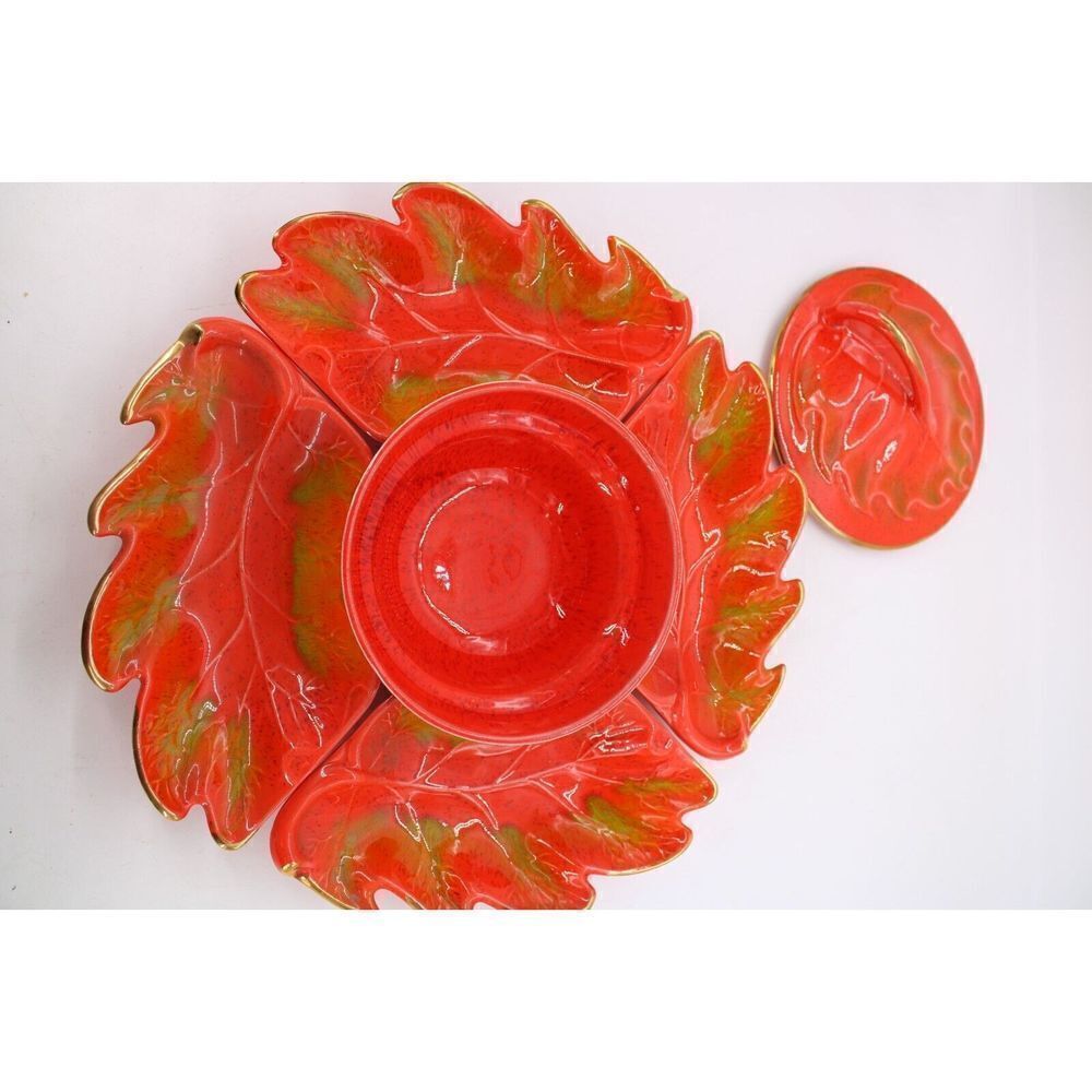 Vintage California Pottery Hors d'oeuvres Serving Set (6 pcs) Orange & Gold Trim